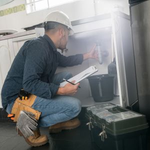 Man looking at plumbing under sink