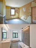 Before and after of a bathroom remodel.