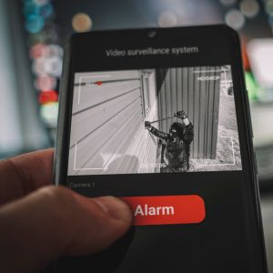 Person seeing a burglar break in through an app on their phone.