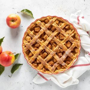 Photo of an apple pie with a lattice top