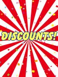 Starburst with confetti. Text reads: Discounts!