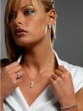 Woman wearing diamond ring, earrings and necklace.